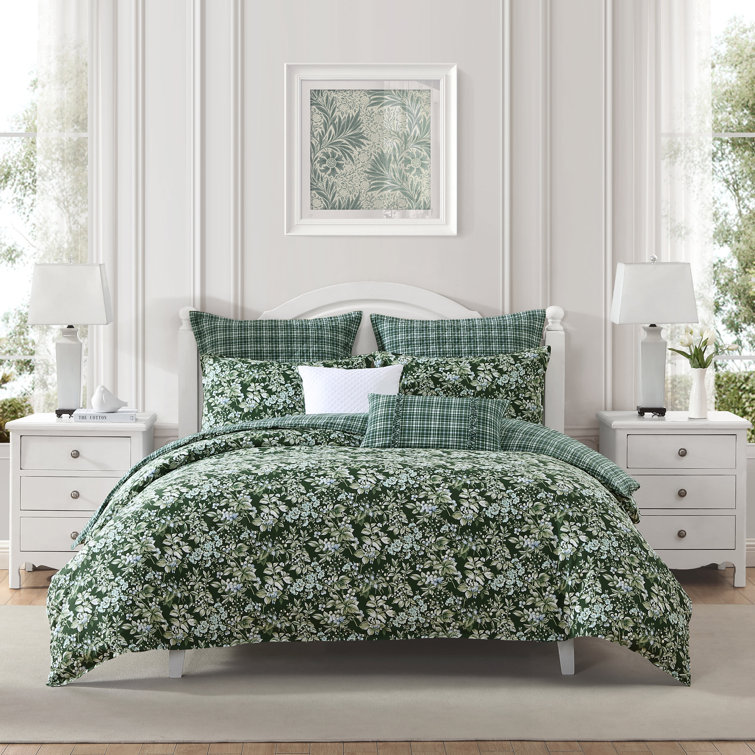 Laura Ashley Bramble Floral Cotton Green 7 Piece Duvet Cover Bonus Set